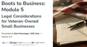 Title slide of Boots to Business Module 5: Legal Considerations for Veteran-Owned Small Businesses, presented by Zach Hunsinger, LSW, Esq.